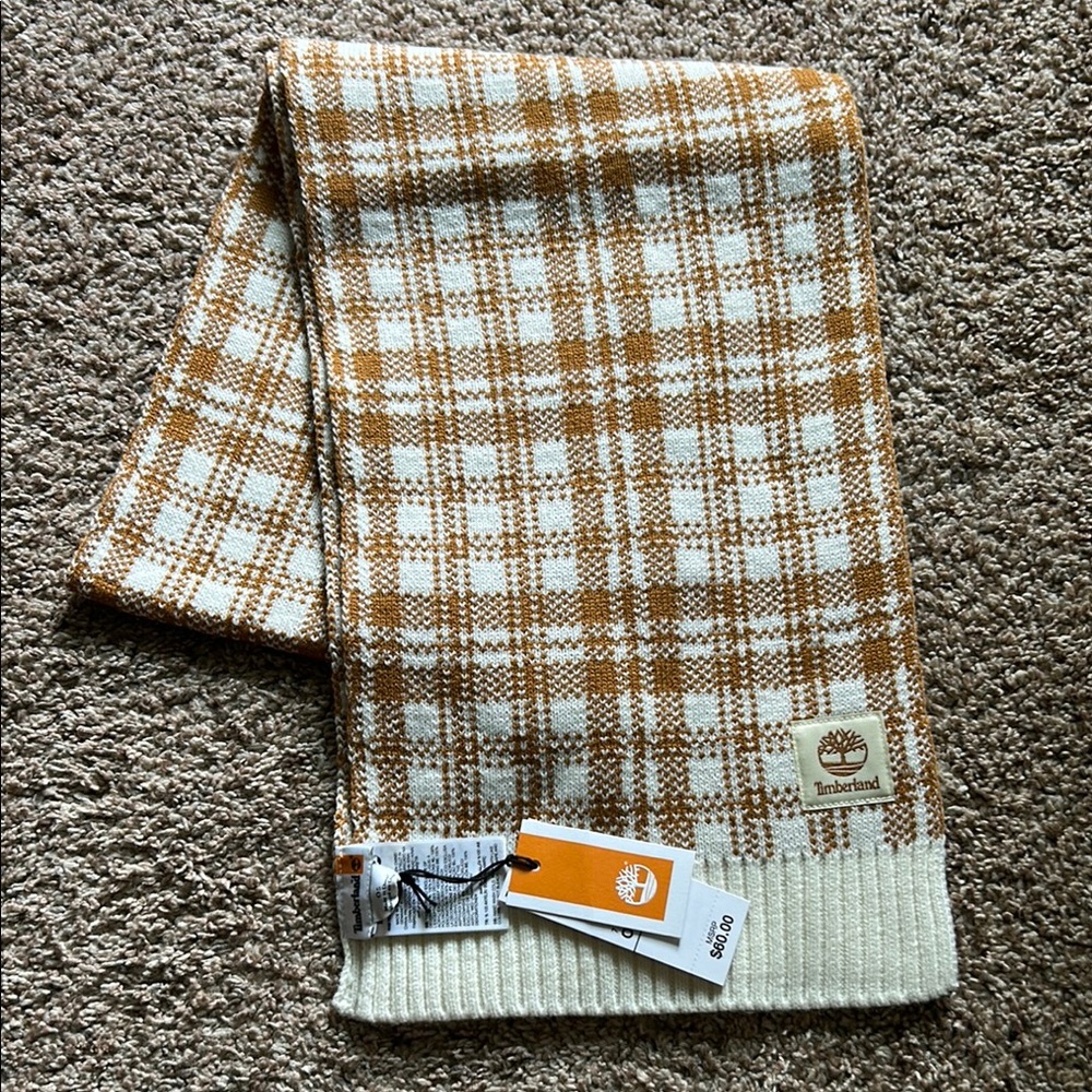 Timberland Checkered Scarf in Tan and White